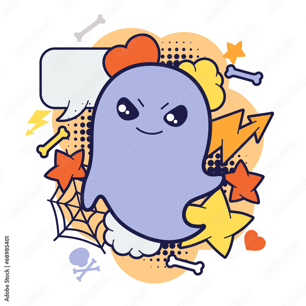 Halloween kawaii print or card with cute doodle ghost.