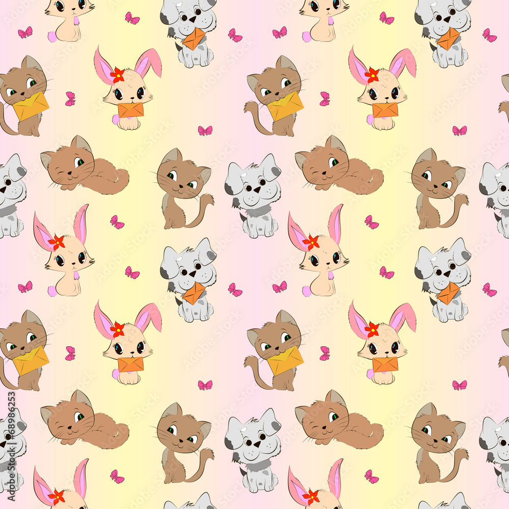 Cute animals seamless pattern. With cats, dogs and bunnies.