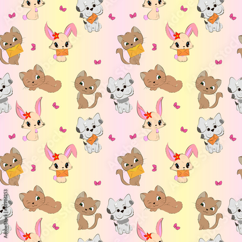 Cute animals seamless pattern. With cats  dogs and bunnies.