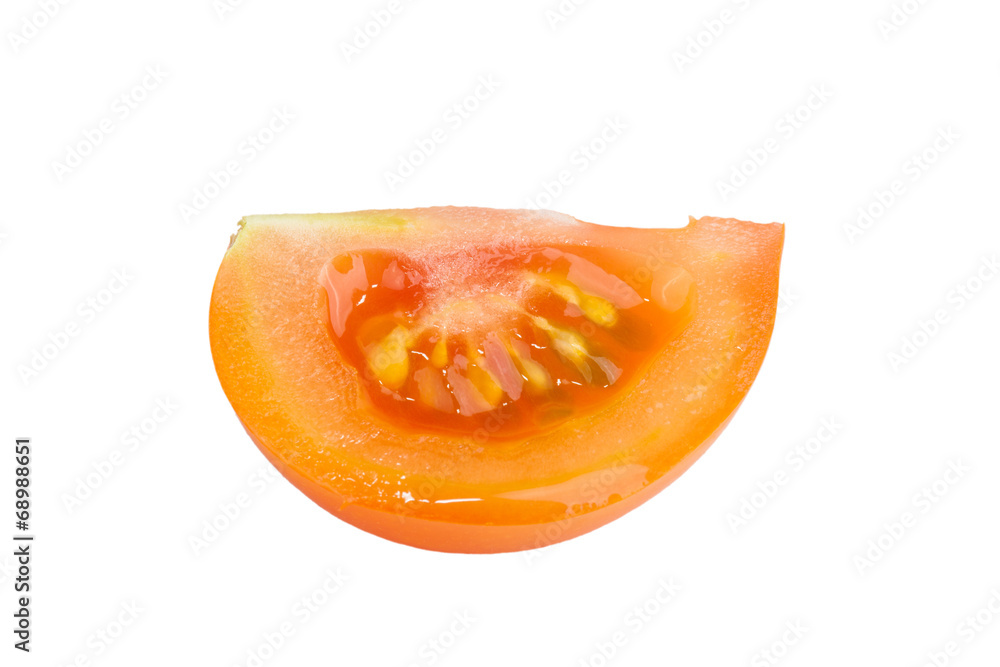 Slice yellow tomatoes isolated on white background