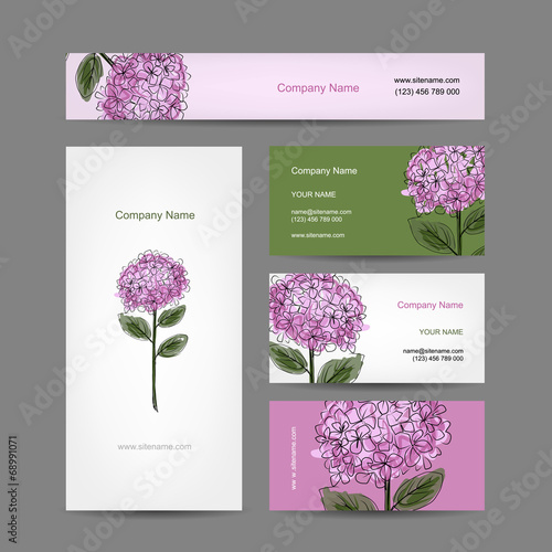 Set of business cards design with hydrangea flower