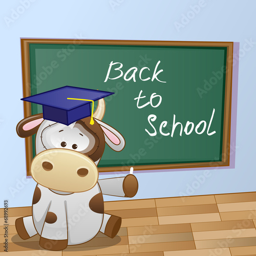 Cartoon Cow wrote in classroom
