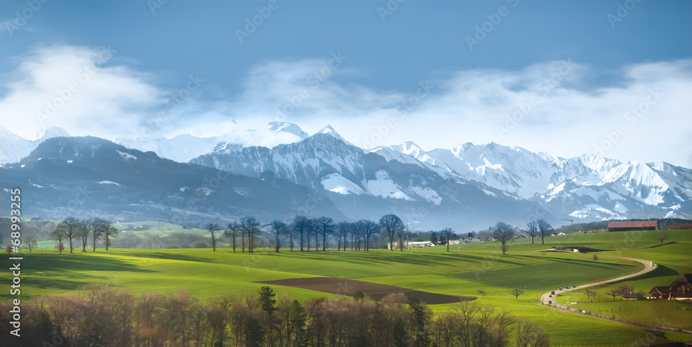 Country side landscape with road green field forest and ice glac Country side landscape with road green field forest and ice glac