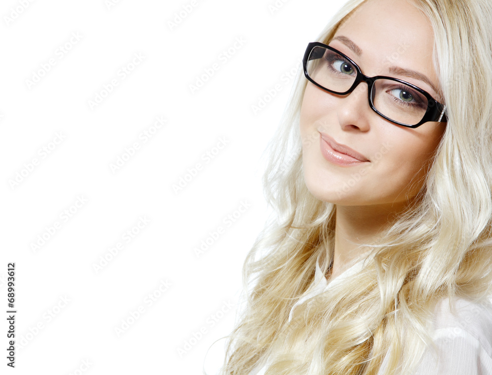 Eyewear glasses female portrait. Young beautiful woman wearing g