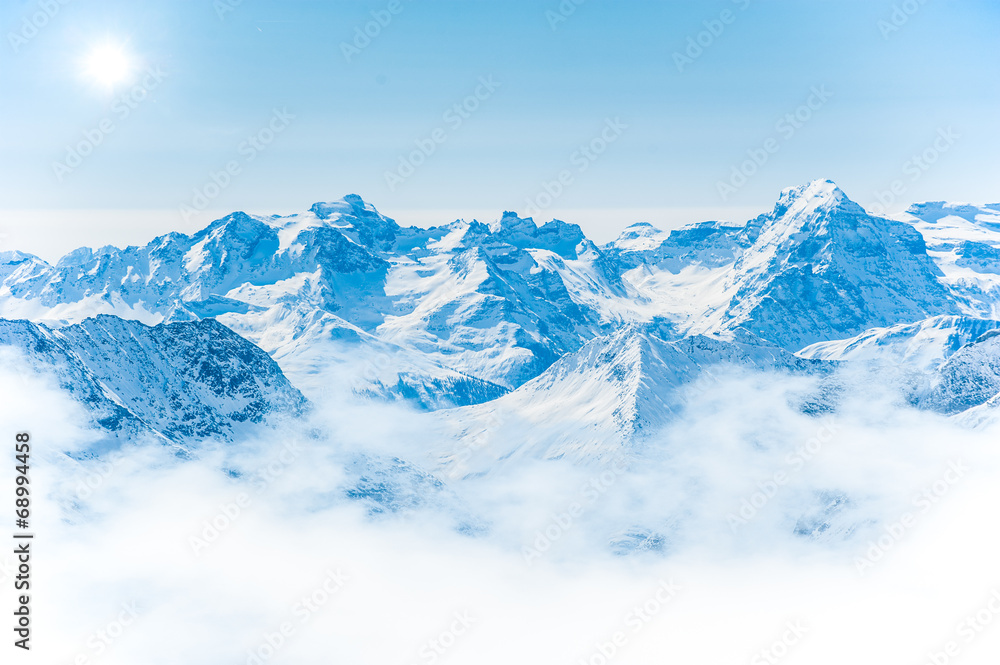 Snow Mountain Range Landscape with Blue Sky from Jungfrau Region