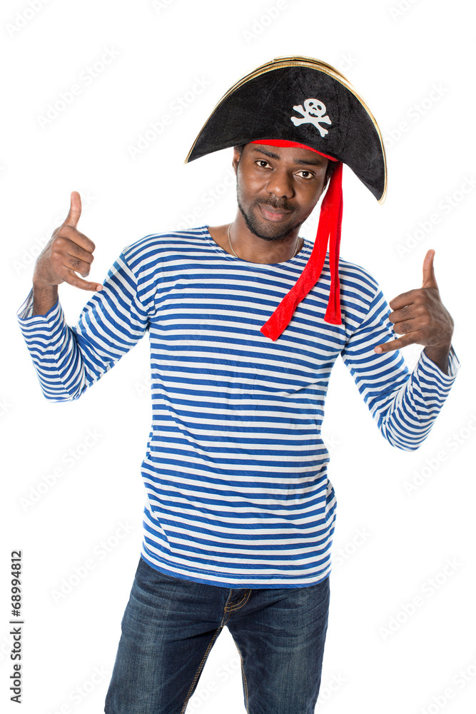 African american man in costume pirate on white background African american man in costume pirate on white background