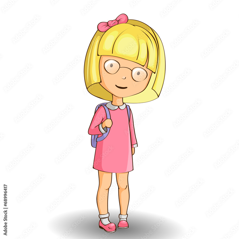 Cartoon style little school girl wearing glasses with backpack Cartoon style little school girl wearing glasses with backpack
