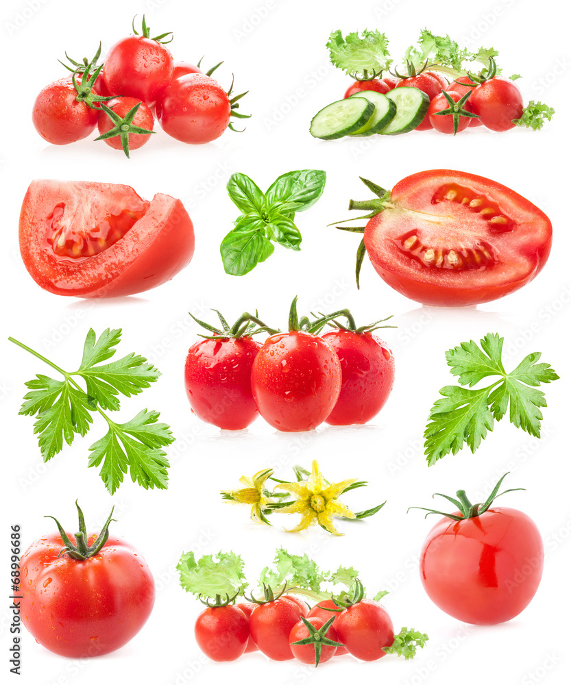 Collections of tomatoes isolated on white background - obrazy, fototapety, plakaty 