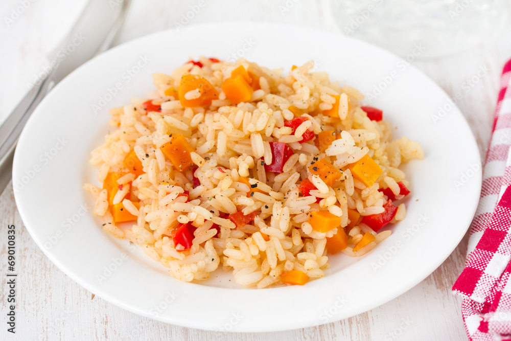 rice with vegetables on white plate rice with vegetables on white plate
