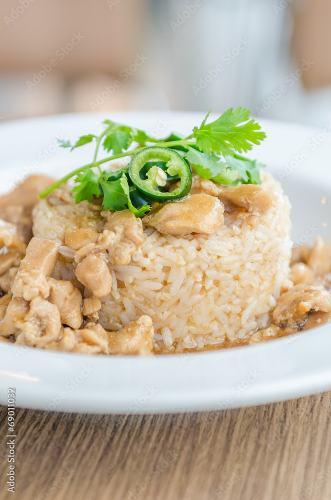 Chicken with brown sauce on rice Chicken with brown sauce on rice
