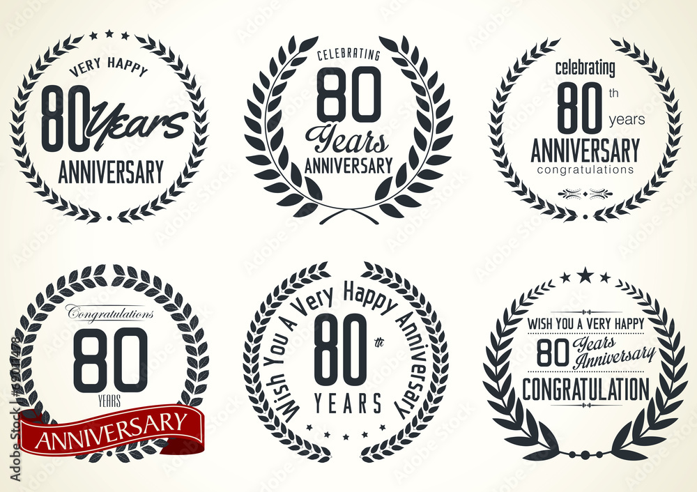 Fototapeta premium Anniversary laurel wreath retro labels, 80 years