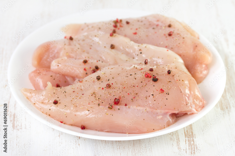 raw chicken breast on white plate raw chicken breast on white plate