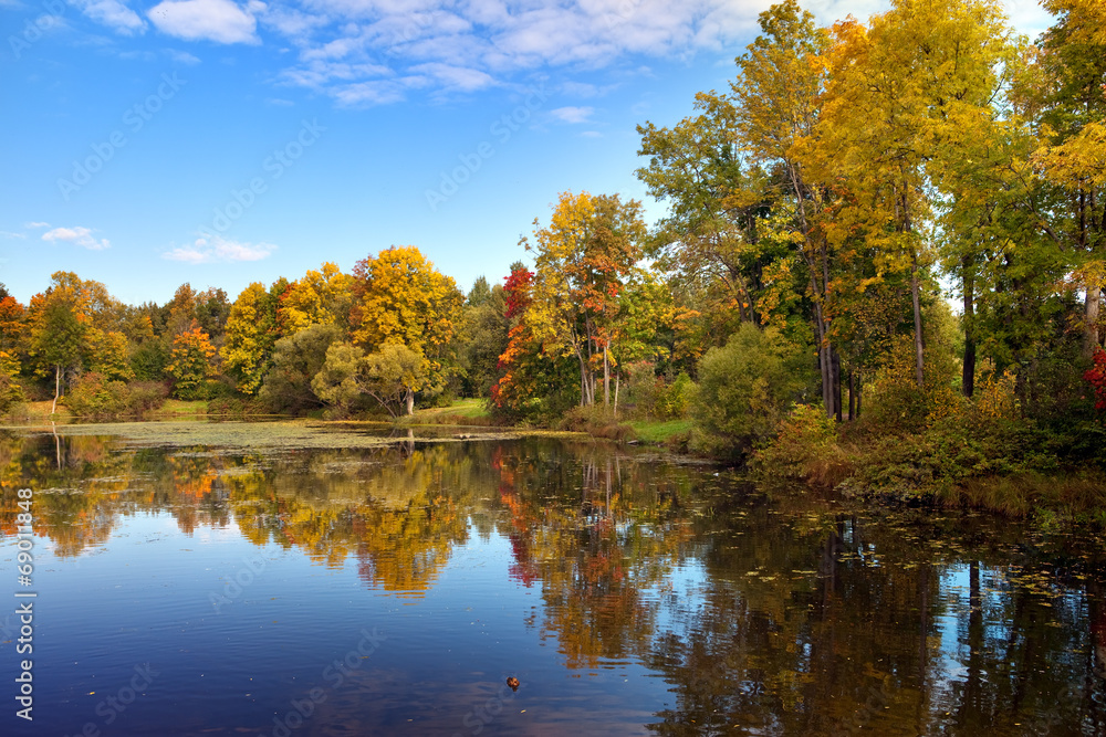 The bright autumn wood is reflected in the lake The bright autumn wood is reflected in the lake