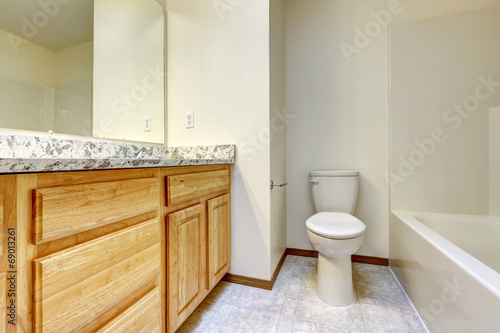 Empty bathroom. Wooden cabinet with granite top