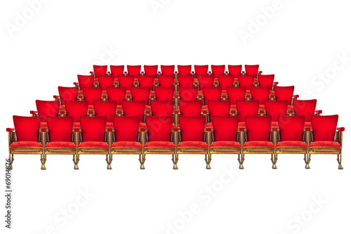 Five rows of vintage cinema chairs isolated on white
