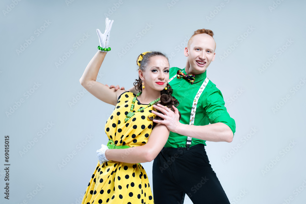 Portrait lovely funny dancer couple dressed in pin up style Stock Photo |  Adobe Stock