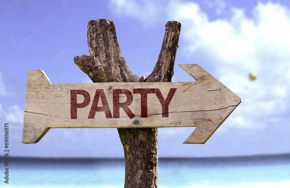 Party sign with a beach on background