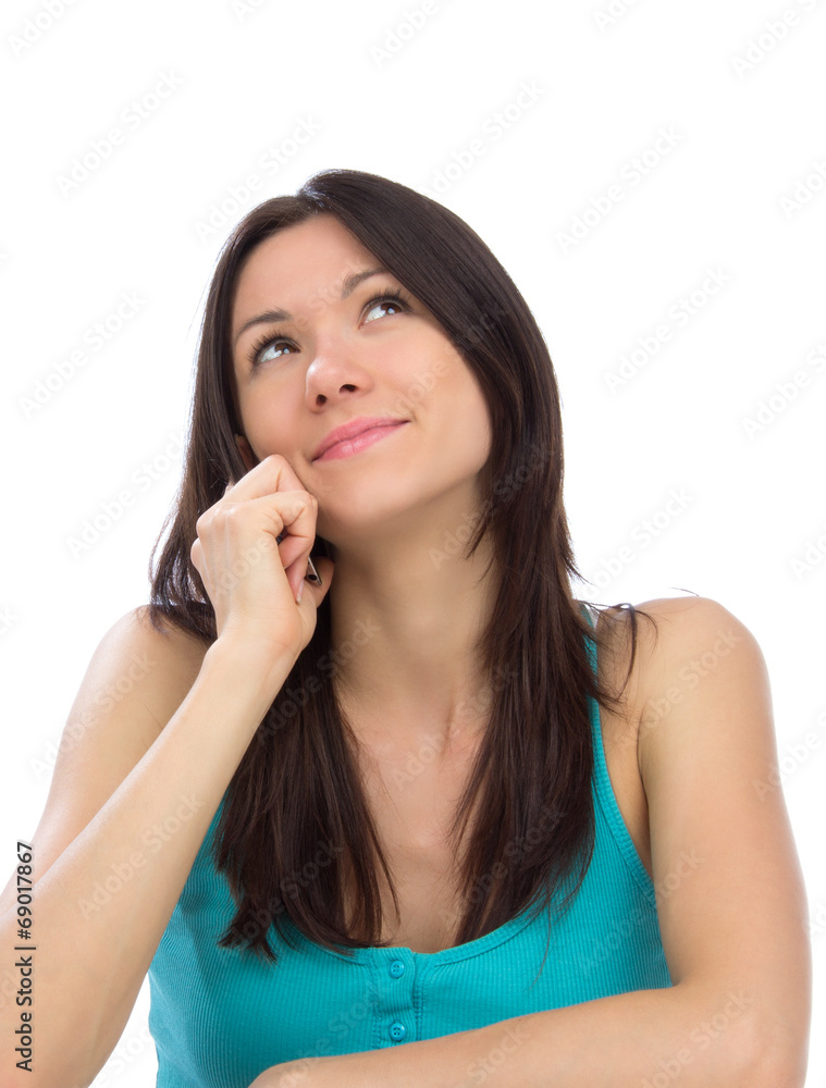 woman calling on the mobile cell phone and looking up smilling woman calling on the mobile cell phone and looking up smilling