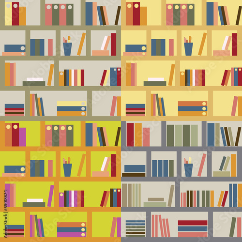 Four seamless bookshelf backgrounds