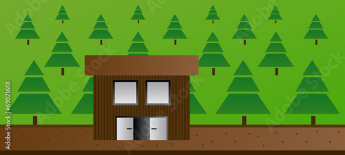 Cartoon illustration of cottage or cabin in the forest