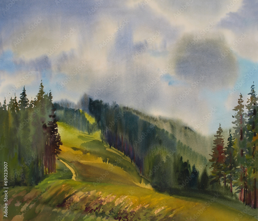 Fototapeta premium Mountain landscape painted by watercolor