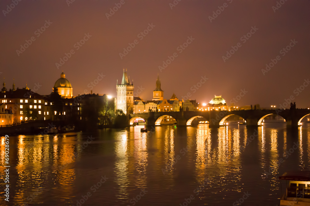 Evening Prague, view of the Charles Bridge