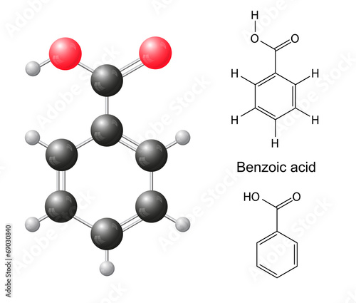 Structural chemical formulas and model of benzoic acid molecule