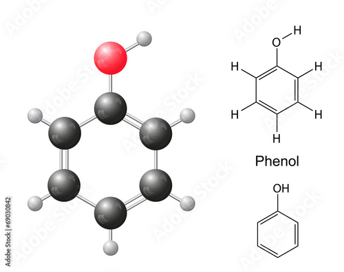 Structural chemical formulas and model of phenol molecule