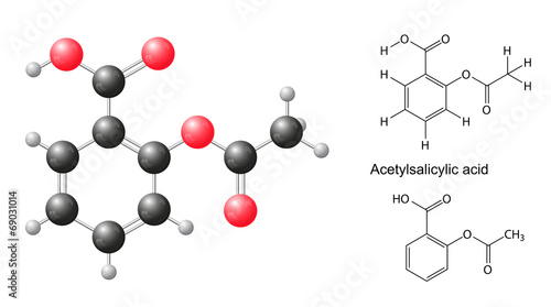 Structural formulas and model of acetylsalicylic acid molecule photo