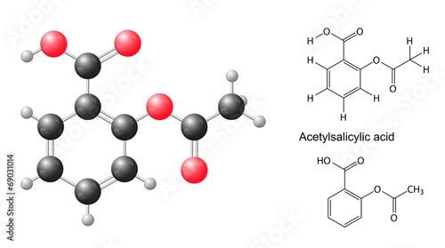 Structural formulas and model of acetylsalicylic acid molecule