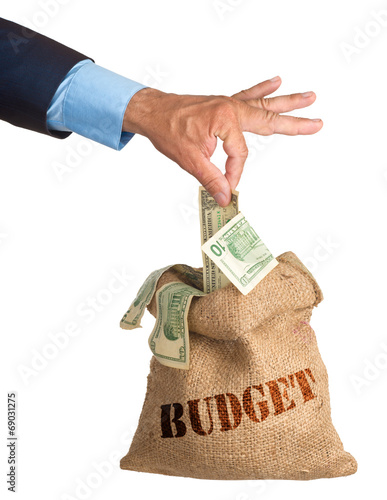 Hand pulls money out of the bag. isolated. eries of images.