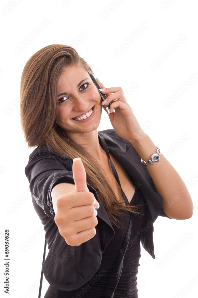 attractive business woman with phone and thumbs up gesture attractive business woman with phone and thumbs up gesture