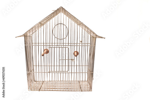 Empty bird cage isolated on white photo