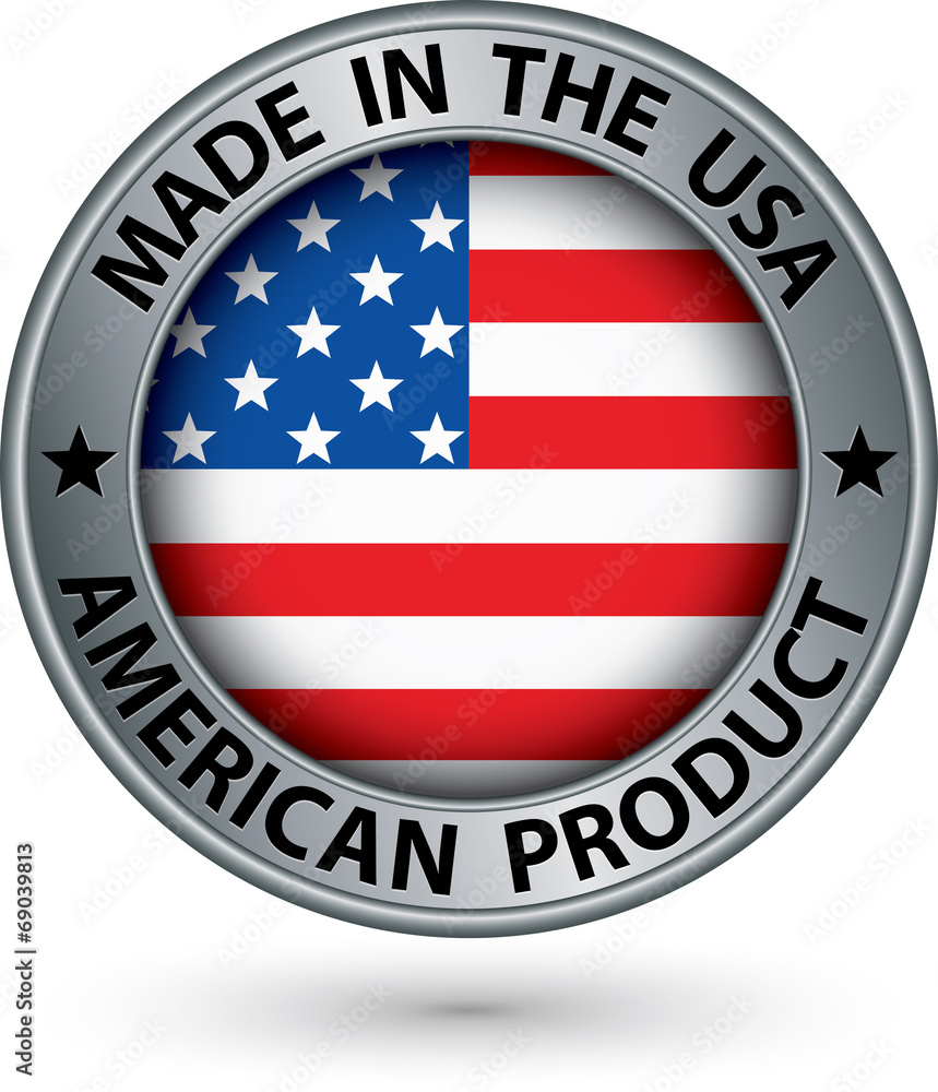 Made in the USA american product silver label with flag, vector Made in the USA american product silver label with flag, vector
