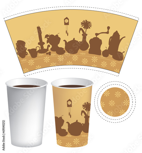 pattern for a paper cup of tea with a still life of cutlery