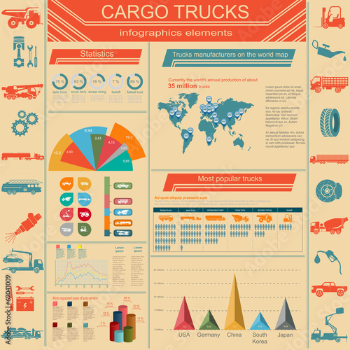 Cargo transportation infographics, trucks, lorry. Elements infog