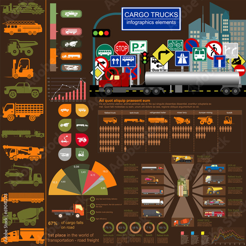 Cargo transportation infographics, trucks, lorry. Elements infog