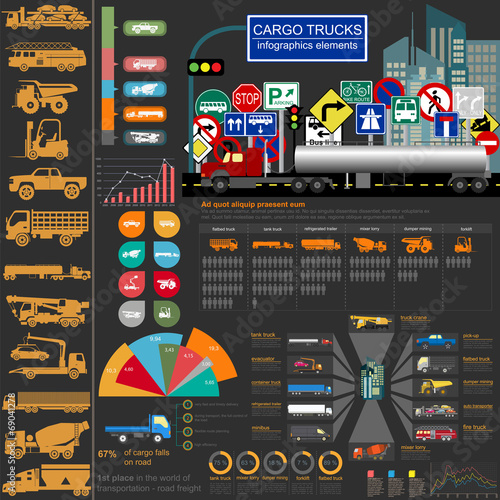 Cargo transportation infographics, trucks, lorry. Elements infog