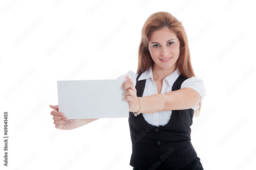 Businessfrau hält leeren Banner Porträt Businessfrau hält leeren Banner Porträt