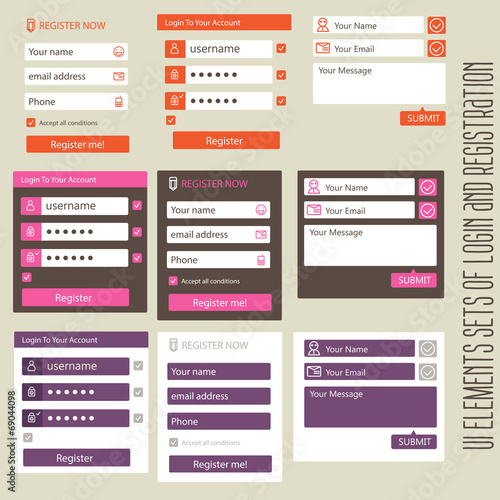 user interface elements sets of login and registration form flat