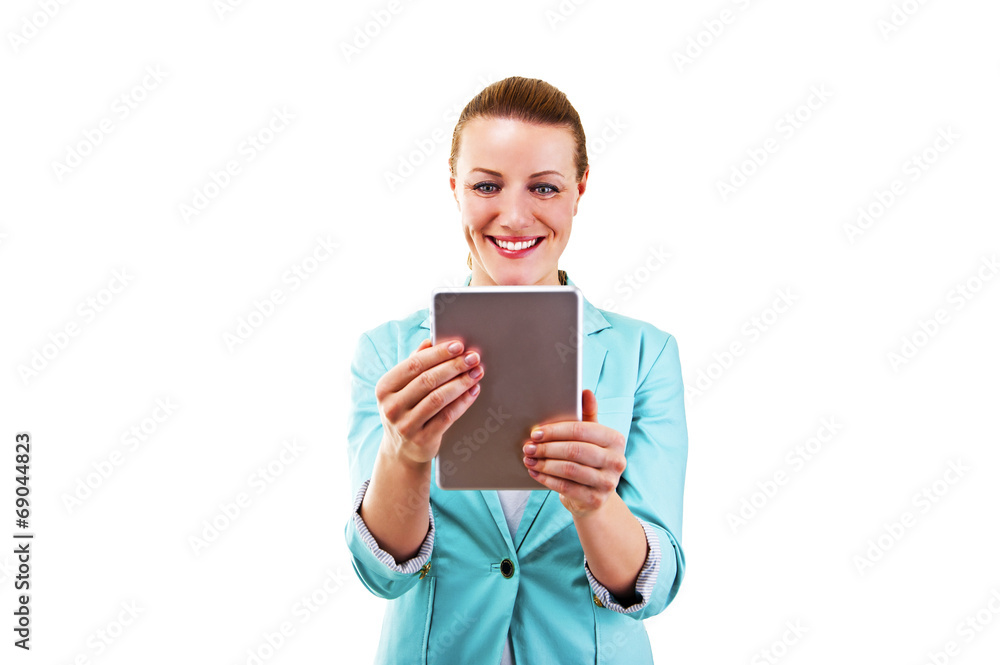 smiling woman with tablet touching smiling woman with tablet touching