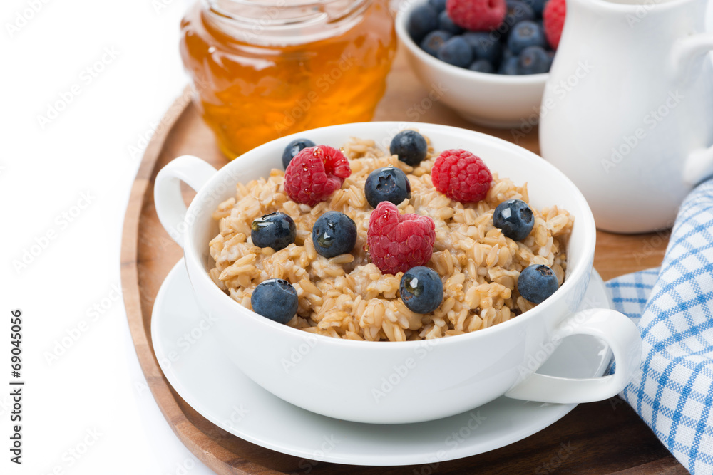 oat porridge with fresh berries and honey, close-up, isolated oat porridge with fresh berries and honey, close-up, isolated