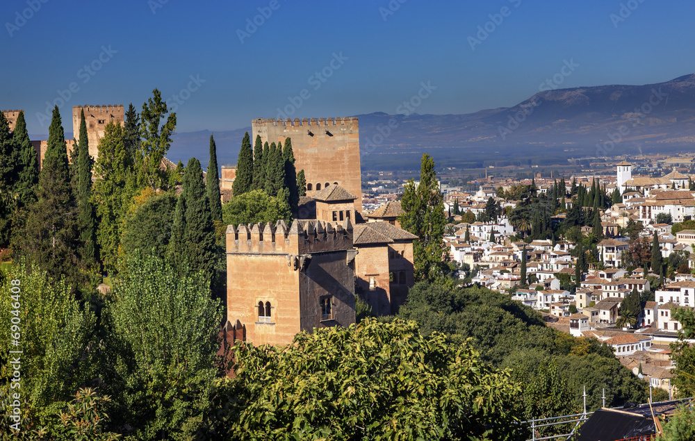 Obraz premium Alhambra Castle Towers Cityscape Churchs Granada Andalusia Spain