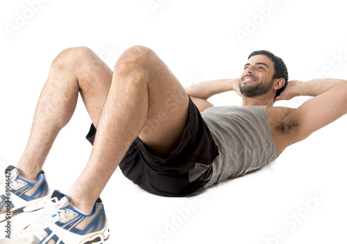 latin sport man training body abs sit up or crunch