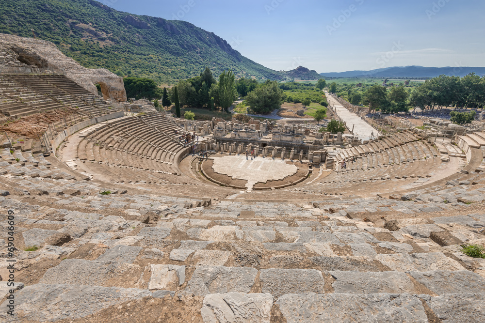 view of Amphitheater  and marble road in Ephesus (Efes), Turkey