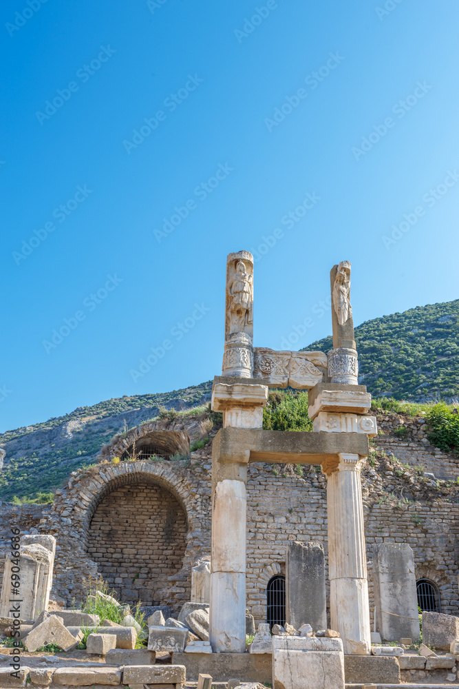 Ruins of pillars on Kuretes Street  in Ephesus, Turkey.