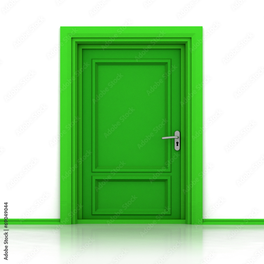 isolated single green closed door closeup 3D isolated single green closed door closeup 3D