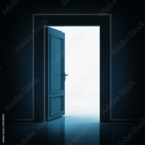 open single door in darkness to light room 3D