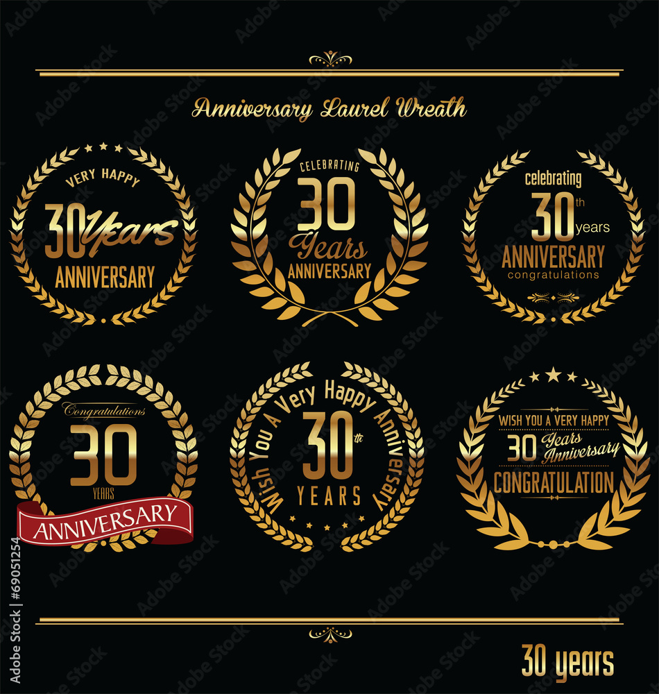 Anniversary laurel wreath retro labels, 30 years