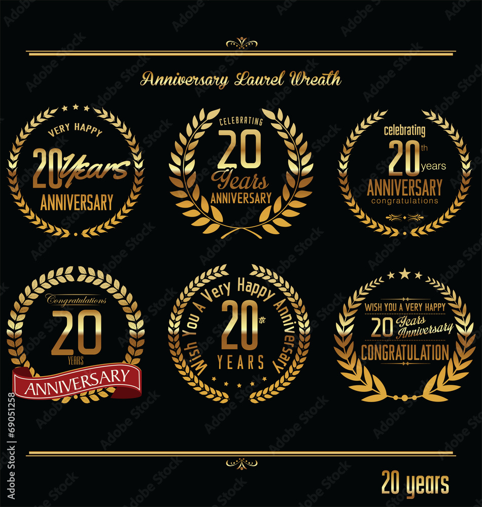 Anniversary laurel wreath retro labels, 20 years Anniversary laurel wreath retro labels, 20 years